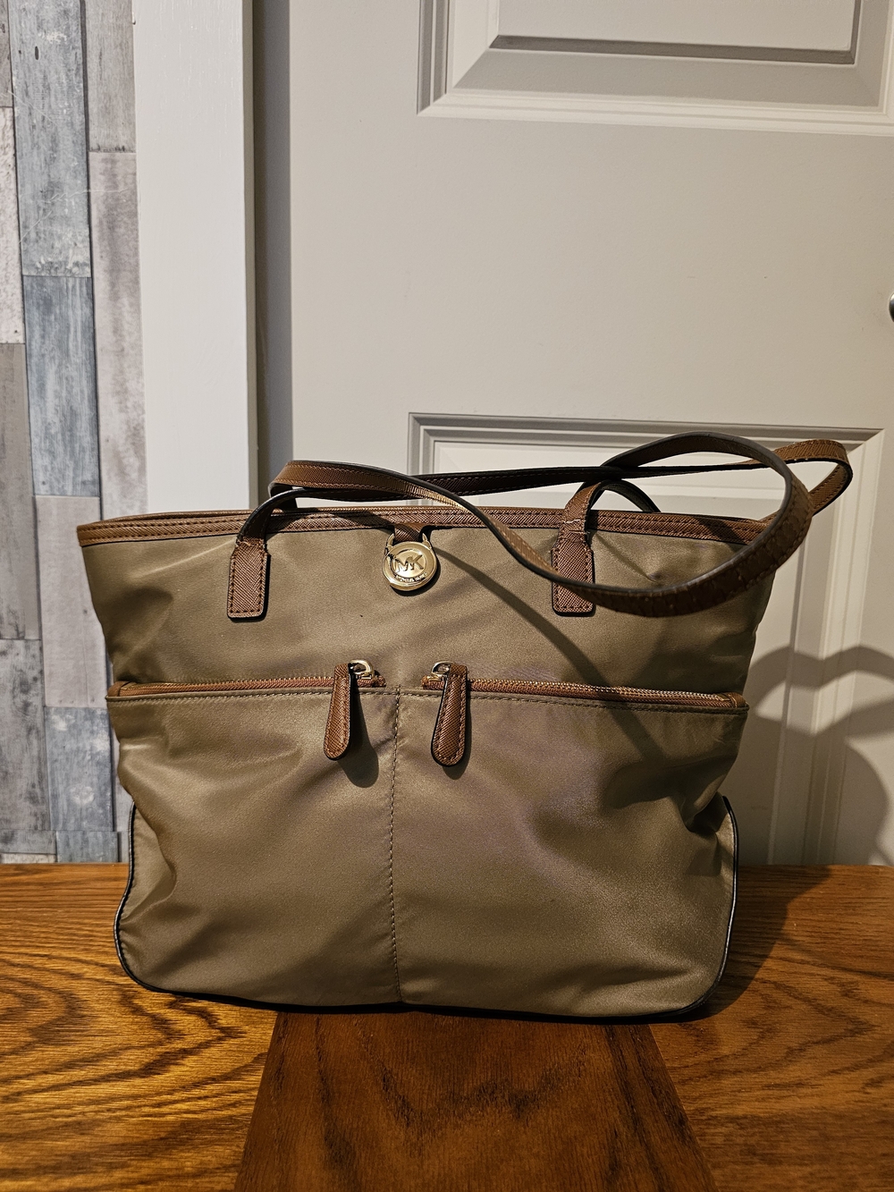Michael Kors Olive Green Nylon Tote with Brown Leather Trim
